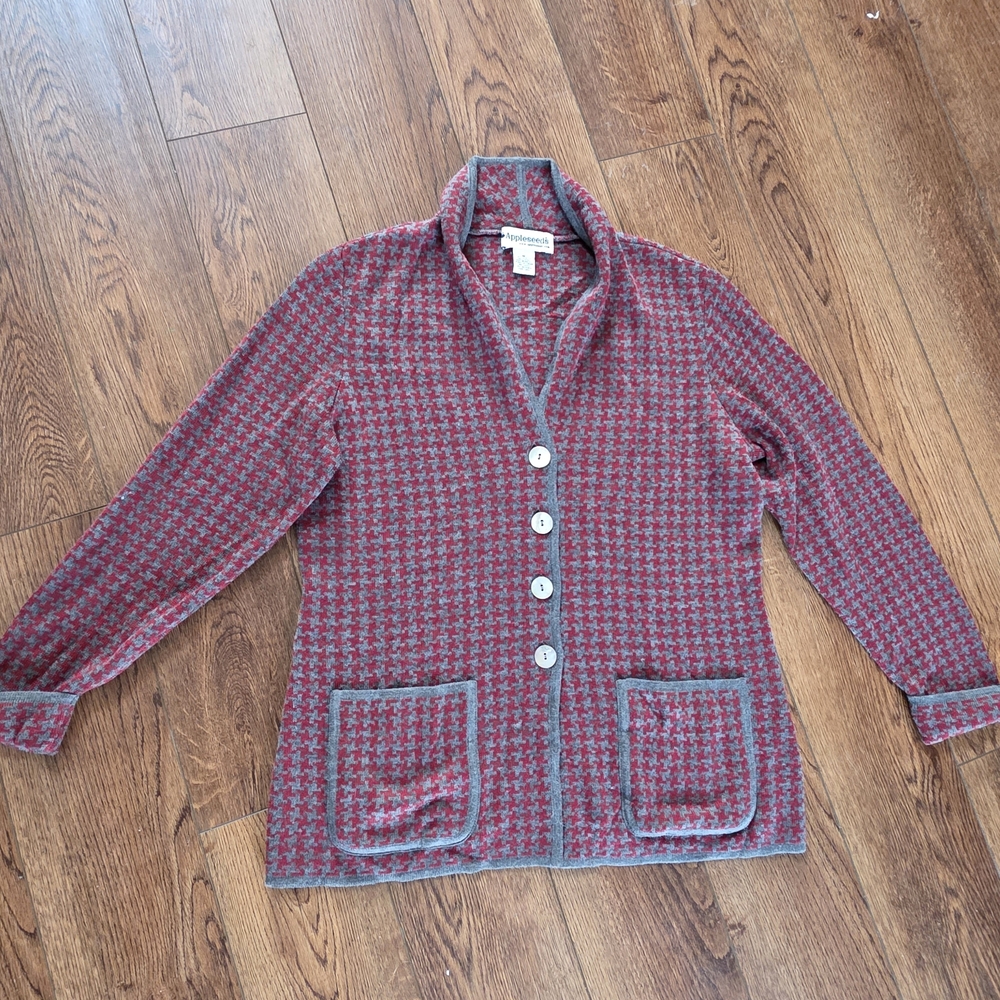 Appleseed's Red and Gray Houndstooth Cardigan